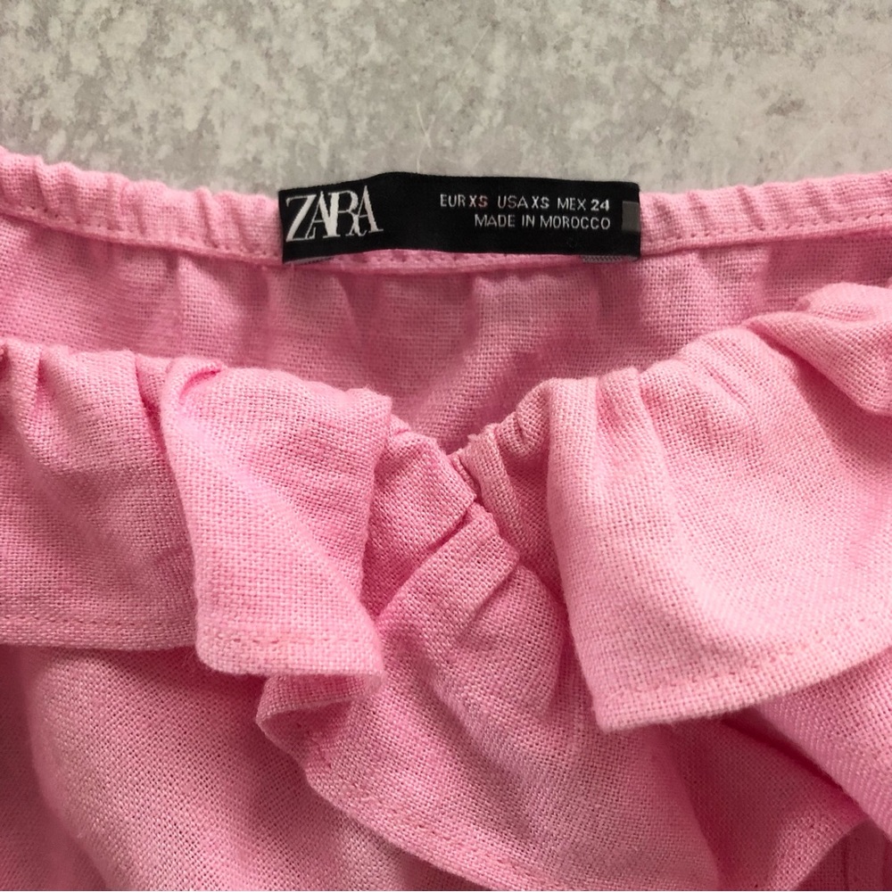 Zara Pink Linen Blend V Neck Ruffled Mini Dress, XS - Picture 6 of 11
